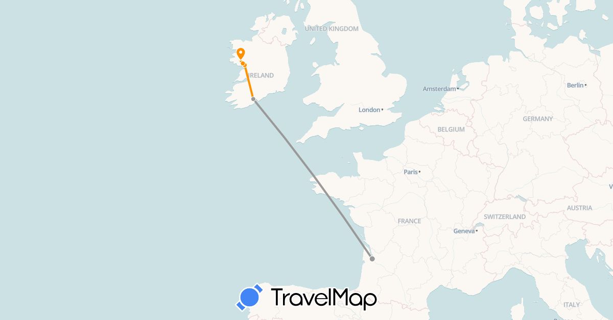 TravelMap itinerary: driving, plane, hitchhiking in France, Ireland (Europe)